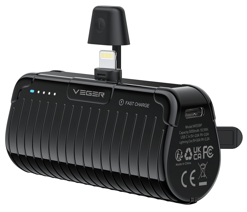Acumulator extern Veger Plugon (W0558p) PD Qc3.0 2,4A 20W 5000 Mah cu Built-in Connector Lightning Negru