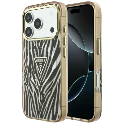 Husa Guess IML Zebra Glitter Triangle Logo Magsafe pentru iPhone 18 Pro / 17 Pro Auriu