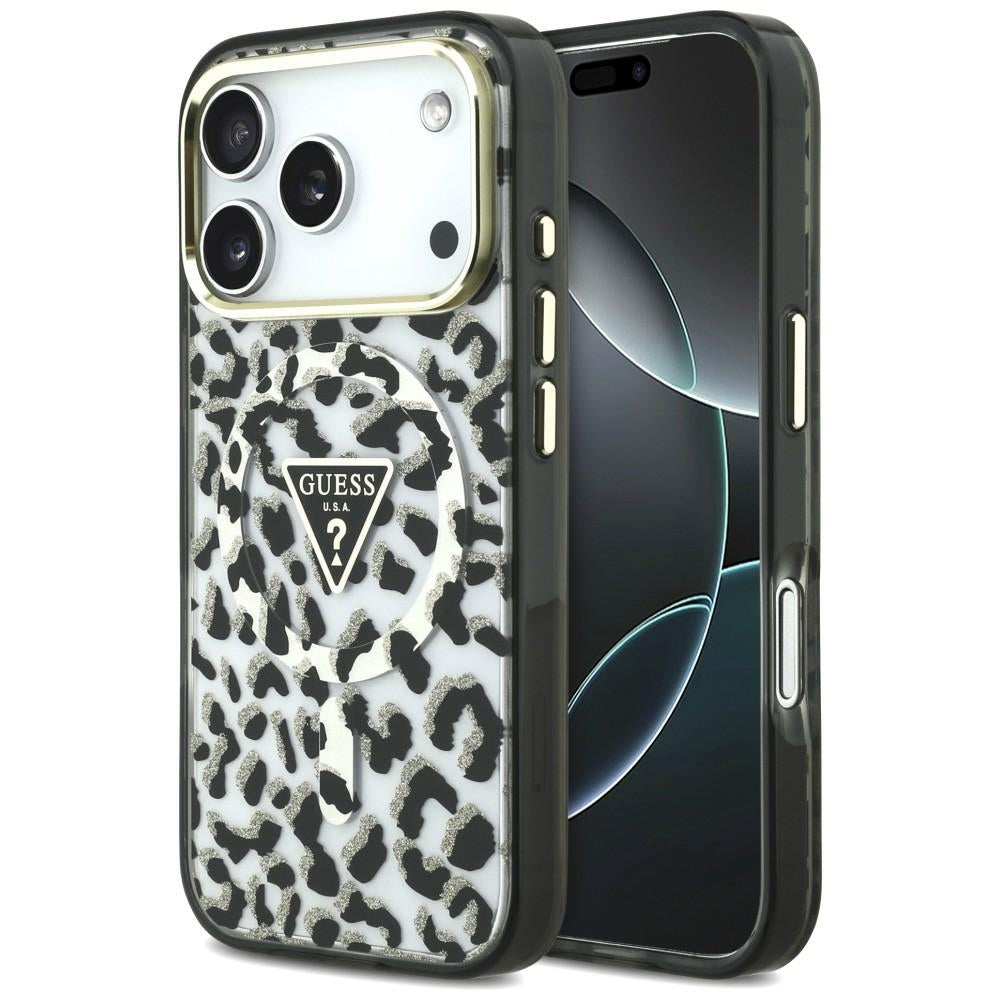 Husa Guess IML Leopard Glitter Triangle Logo Magsafe pentru iPhone 18 Pro / 17 Pro Negru