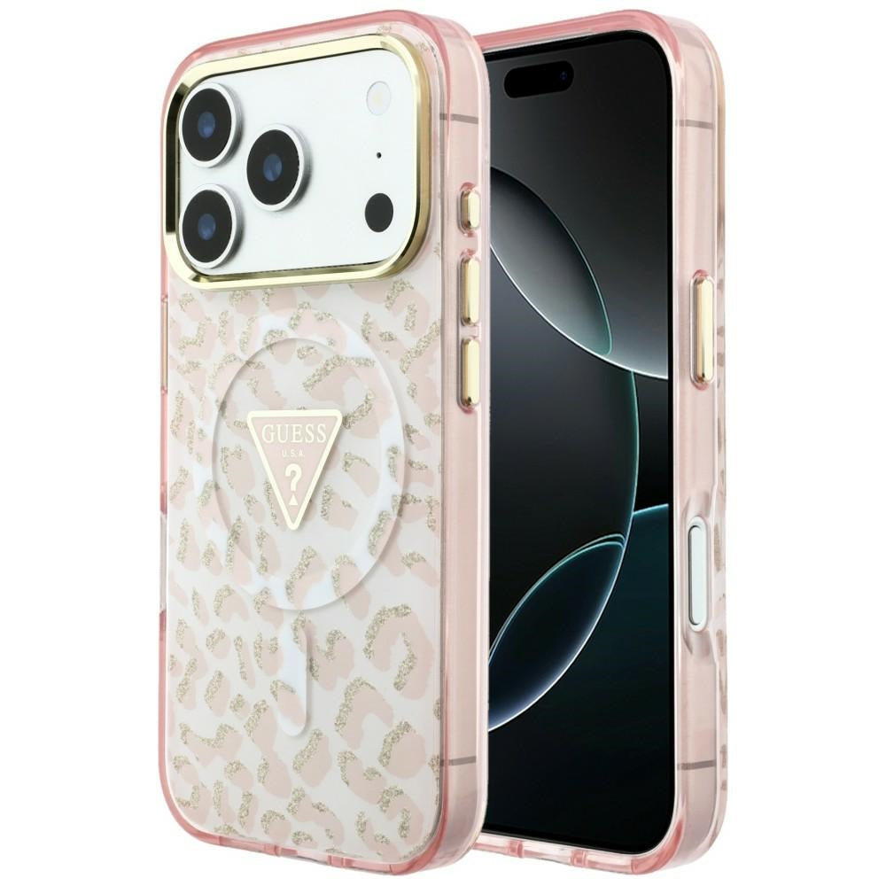 Husa Guess IML Leopard Glitter Triangle Logo Magsafe pentru iPhone 18 Pro Max / 17 Pro Max Roz