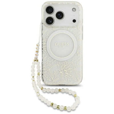 Husa Guess IML Flowers Allover Electroplated cu Pearl Curea Magsafe pentru iPhone 18 Pro / 17 Pro Alb