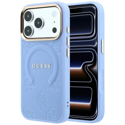 Husa Guess Saffiano Peony & Ring Magsafe pentru iPhone 18 Pro / 17 Pro Albastru