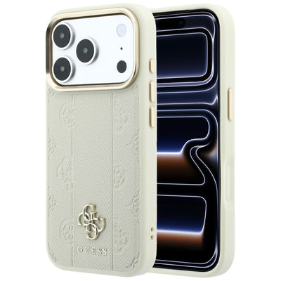 Husa Guess Stripe Peony 4G Logo Magsafe pentru iPhone 18 Pro / 17 Pro Bej