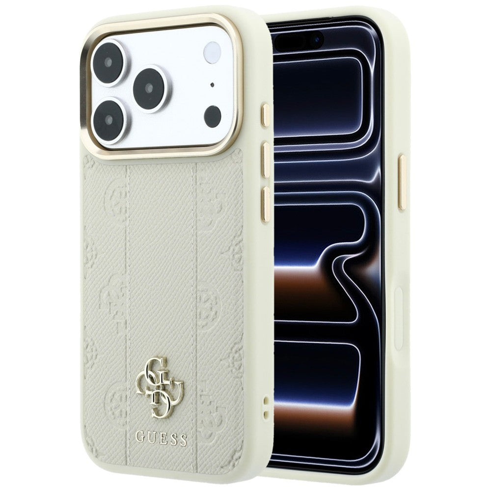 Husa Guess Stripe Peony 4G Logo Magsafe pentru iPhone 18 Pro Max / 17 Pro Max Bej