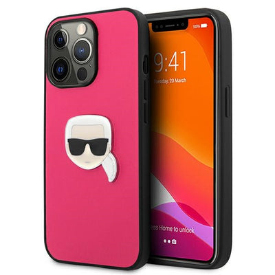 Husa Karl Lagerfeld Leather Ikonik Karl's Head Metal pentru iPhone 13 Pro / 13 6.1" - Roz