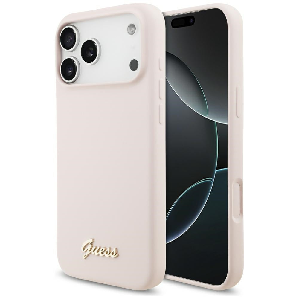 Husa Guess Silicone Script Metal Logo Magsafe pentru iPhone 18 Pro Max / iPhone 17 Pro Max Roz