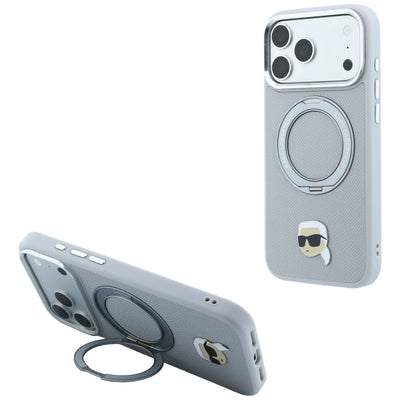 Husa Karl Lagerfeld cu Ring Stand 360 Karl Head Pin Magsafe pentru iPhone 18 Pro / 17 Pro Gri