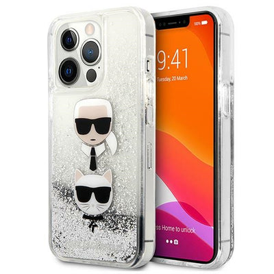 Husa Karl Lagerfeld Liquid Glitter Karl&Choupette Head pentru iPhone 13 Pro / iPhone 13 - Argintiu