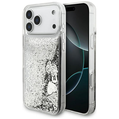 Husa Guess Liquid Glitter 4G Charms pentru iPhone 18 Pro Max / 17 Pro Max Argintiu
