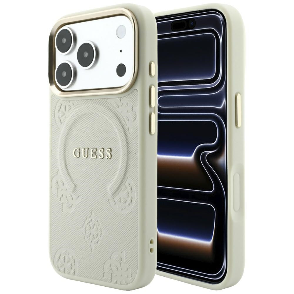 Husa Guess Saffiano Peony & Ring Magsafe pentru iPhone 18 Pro Max / 17 Pro Max Bej