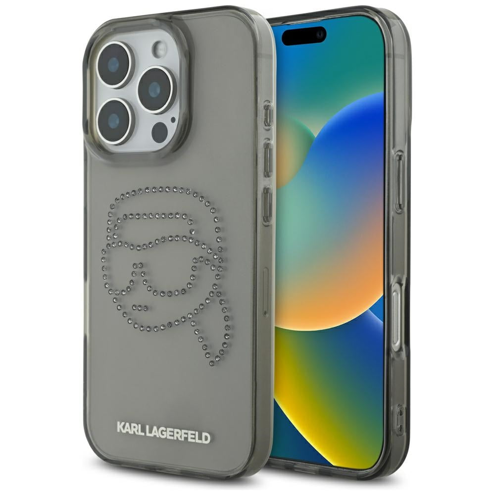 Husa Karl Lagerfeld IML Rhinestones Head pentru iPhone 16 Pro Negru