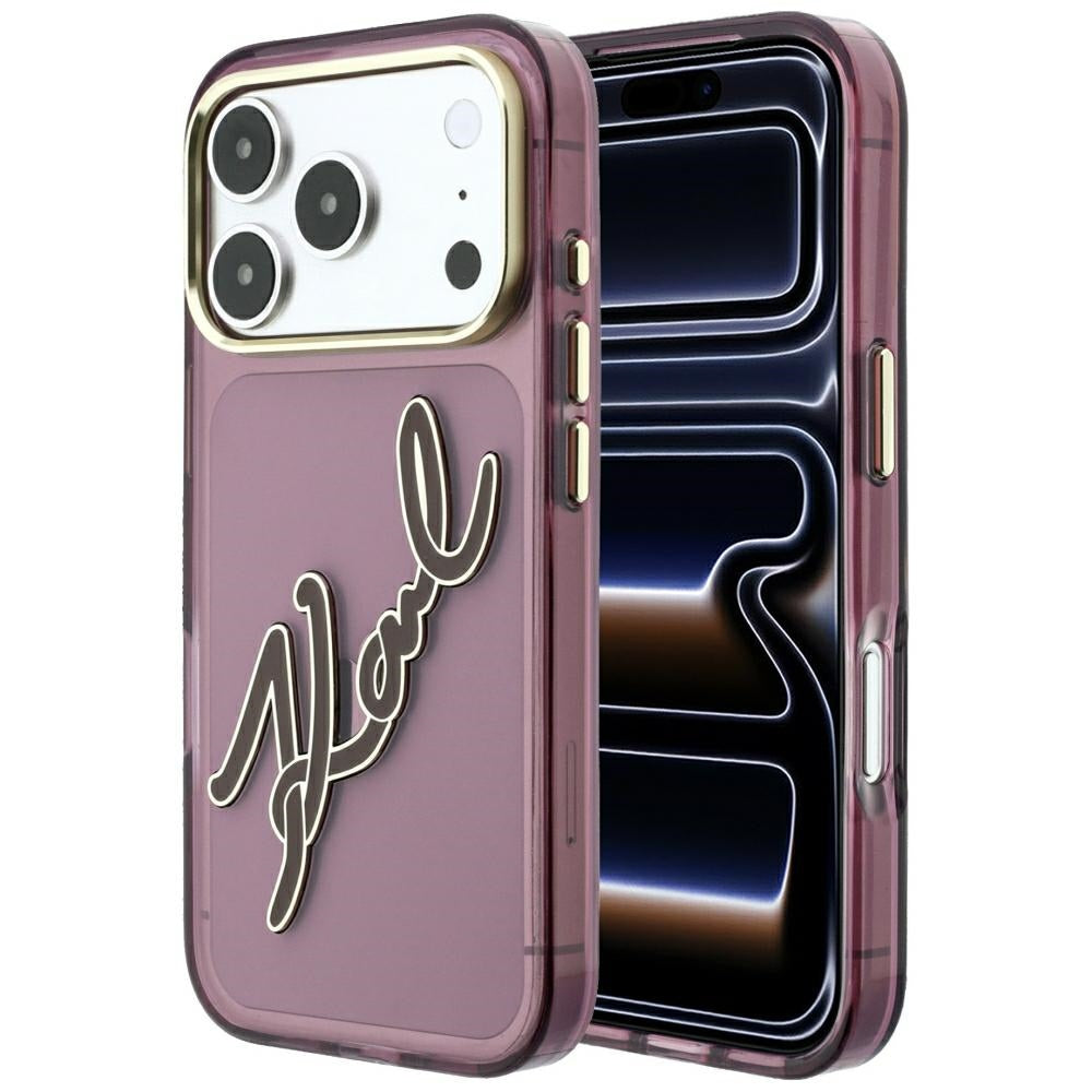 Husa Karl Lagerfeld IML Big Signature Resin Metal Frame pentru iPhone 18 Pro / 17 Pro Burgundy