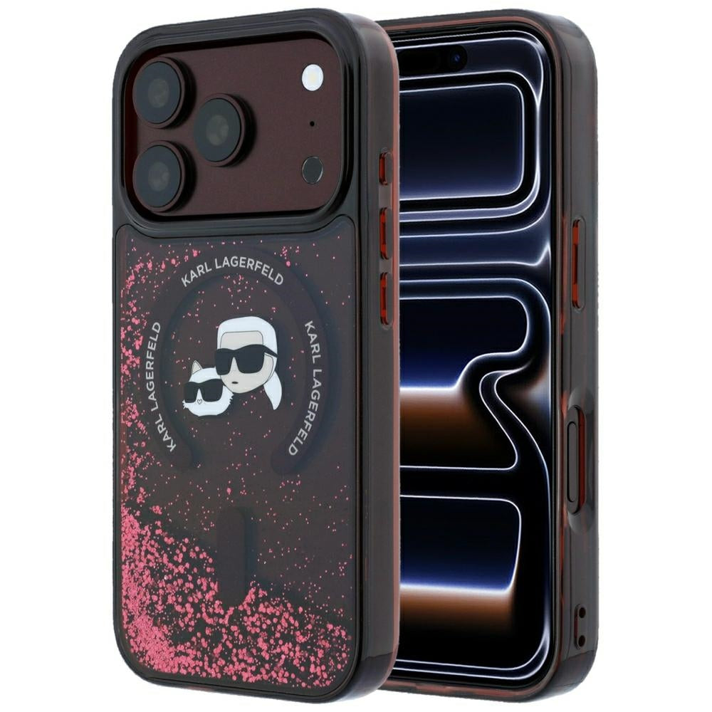 Husa Karl Lagerfeld Liquid Glitter Karl Choupette Heads Magsafe pentru iPhone 18 Pro Max / 17 Pro Max Burgundy