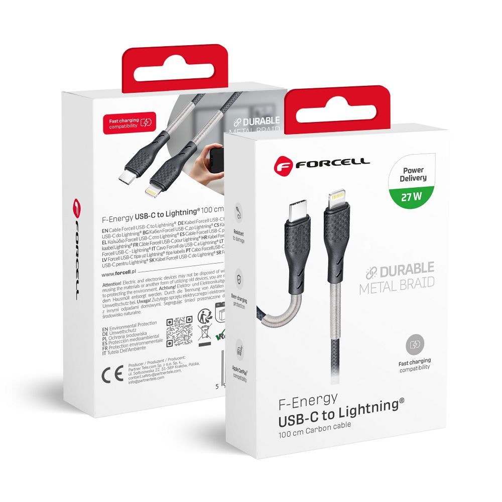 Cablu Forcell USB C To Lightning F-energy PD 3A 27W Carbon 1 M Negru