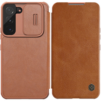 Husa Nillkin Qin Leather Pro pentru Samsung Galaxy S22+ (S22 Plus) Camera Protector Holster Cover Flip Maro