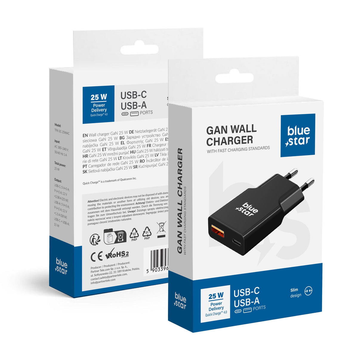 Incarcator Albastru Star Phone Slim Gan USB C + USB A Qc4.0 PD 3A 25W Negru