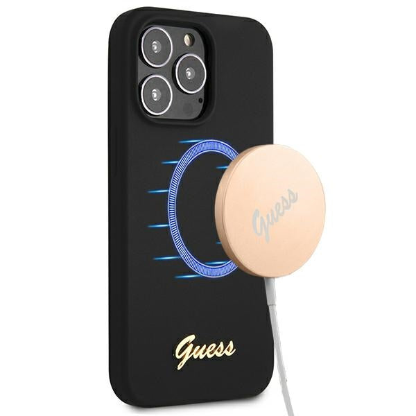 Husa Guess Guhmp13xlslmgbk iPhone 13 Pro Max 6.7" Negru/Negru Hardcase Silicone Script Auriu Logo Magsafe