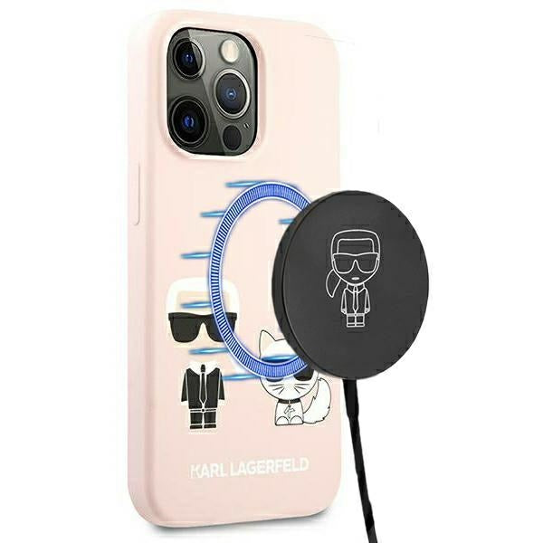 Husa Karl Lagerfeld Silicone Ikonik Karl&Choupette Magsafe pentru iPhone 13 Pro / iPhone 13 - Roz deschis