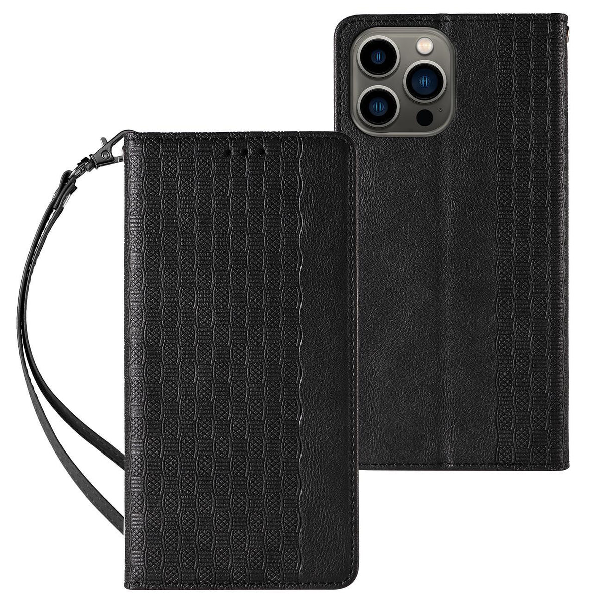 Husa Magnet Curea pentru iPhone 12 Pro Pouch Wallet + Mini Lanyard Pendant Negru
