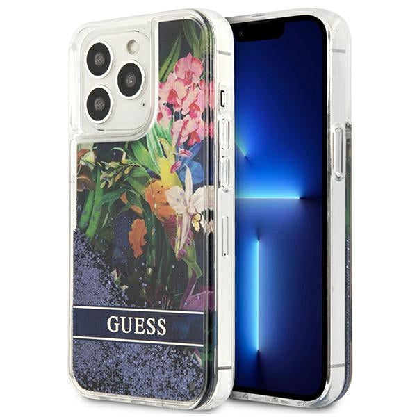 Husa Guess iPhone 13 Pro / 13 6.1" Albastru/Albastru Hardcase Flower Liquid Glitter