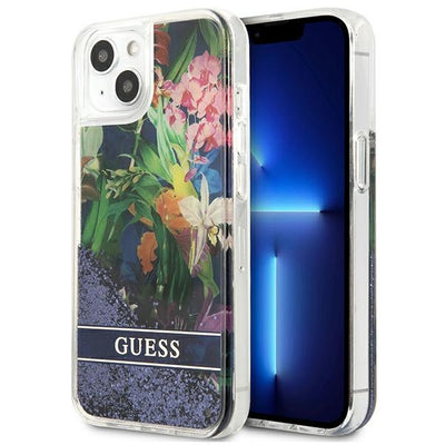 Husa Guess iPhone 13 Mini 5.4" Albastru/Albastru Hardcase Flower Liquid Glitter