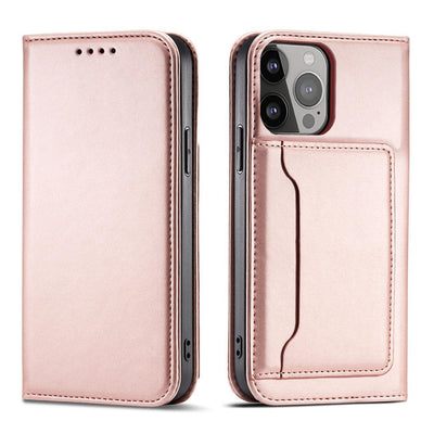 Husa Magnet Card pentru iPhone 14 Plus Flip Cover Wallet Stand Roz