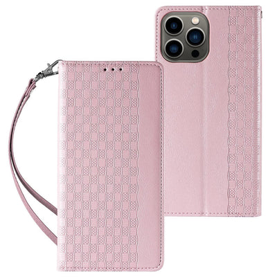 Husa Magnet Curea pentru iPhone 14 Plus Flip Wallet Mini Lanyard Stand Roz