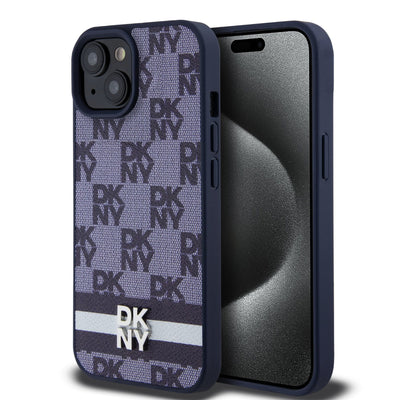 Husa Dkny piele sintetica Checkered Pattern si Stripe pentru iPhone 15 Albastru