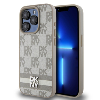 Husa Dkny piele sintetica Checkered Pattern si Stripe pentru iPhone 13 Pro Bej