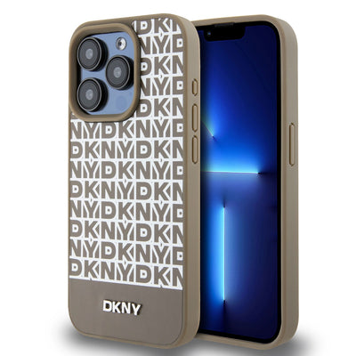 Husa Dkny piele sintetica Repeat Pattern Bottom Stripe Magsafe pentru iPhone 13 Pro Max Maro