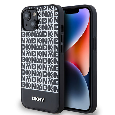 Husa Dkny piele sintetica Repeat Pattern Bottom Stripe Magsafe pentru iPhone 14 Negru