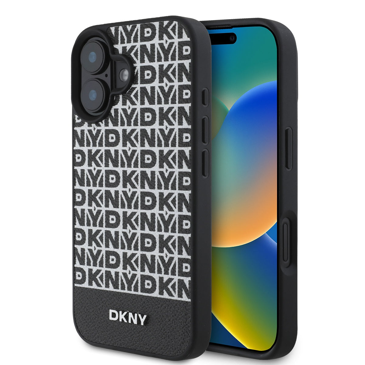 Husa Dkny piele sintetica Repeat Pattern Bottom Stripe Magsafe pentru iPhone 16 Plus Negru