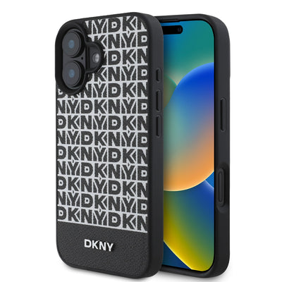 Husa Dkny piele sintetica Repeat Pattern Bottom Stripe Magsafe pentru iPhone 16 Plus Negru