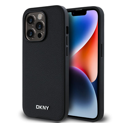 Husa Dkny piele sintetica Argintiu Metal Logo Magsafe pentru iPhone 14 Pro Negru
