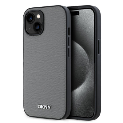 Husa Dkny piele sintetica Argintiu Metal Logo Magsafe pentru iPhone 14 Gri