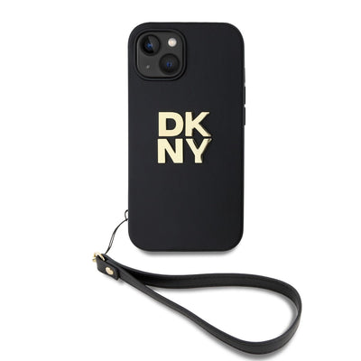 Husa Dkny piele sintetica Stack Logo Wrist Curea pentru iPhone 13 Negru