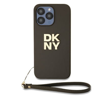 Husa Dkny piele sintetica Stack Logo Wrist Curea pentru iPhone 14 Pro Maro