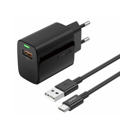 Cablu Foneng Incarcator priza Eu64 18W 1xUSB Qc3.0 + Usb-c Negru