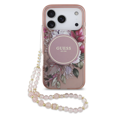Husa Guess IML Flowers Curea Magsafe pentru iPhone 17 Pro / 18 Pro Roz