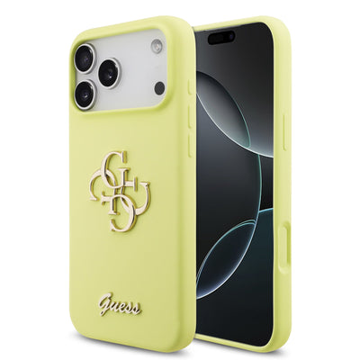 Husa Guess Liquid Silicone 4G Metal Logo pentru iPhone 17 Pro Max Galben