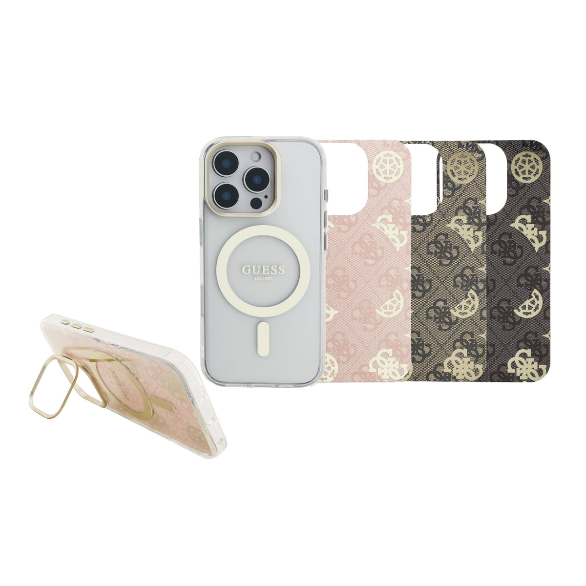 Husa Guess PC/TPU Electroplated Stand Camera Frame Magsafe cu Interchangeable Backgrounds pentru iPhone 16 Pro