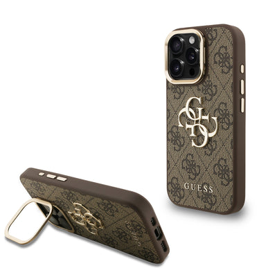 Husa Guess PU 4G Metal Logo Stand Camera Frame pentru iPhone 15 Pro Maro