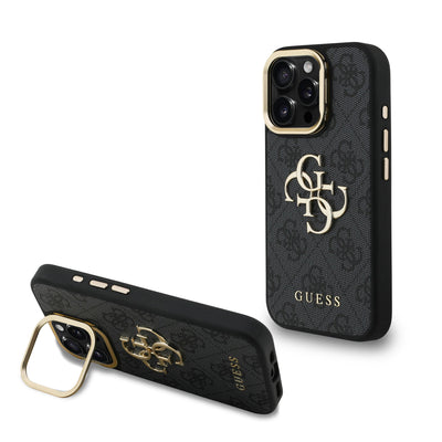 Husa Guess PU 4G Metal Logo Stand Camera Frame pentru iPhone 15 Pro Negru