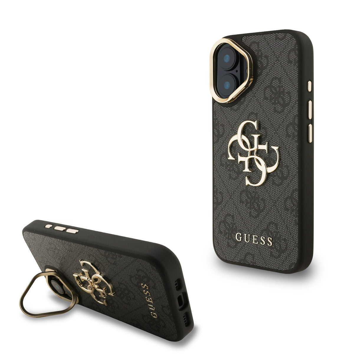 Husa Guess PU 4G Metal Logo Stand Camera Frame pentru iPhone 16 Negru