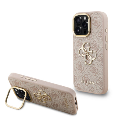 Husa Guess PU 4G Metal Logo Stand Camera Frame pentru iPhone 15 Pro Roz