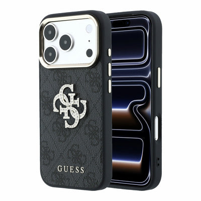 Husa Guess PU 4G Strass Metal Logo pentru iPhone 18 Pro Negru
