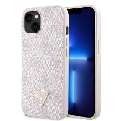Husa Guess PU 4G Strass Triangle Metal Logo pentru iPhone 15 Roz
