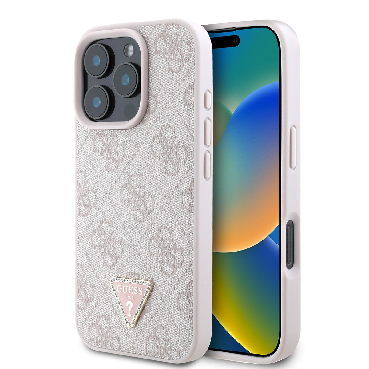 Husa Guess PU 4G Strass Triangle Metal Logo pentru iPhone 16 Pro Max Roz
