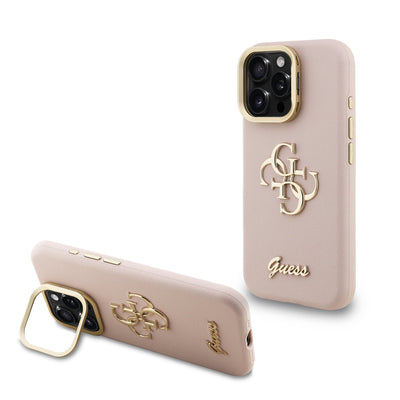 Husa Guess PU Grained 4G Logo Stand Camera Frame pentru iPhone 15 Pro Roz