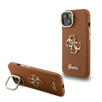Husa Guess PU Grained 4G Logo Stand Camera Frame pentru iPhone 14 Maro